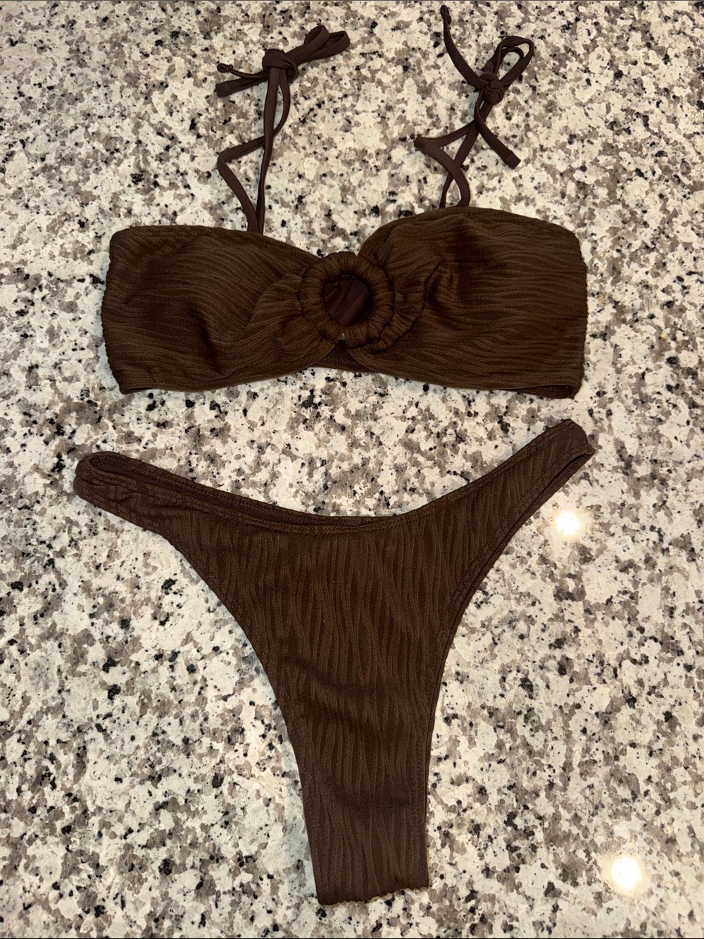 Brown Textured Bandeau Bikini Set with Ring Detail